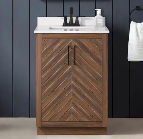 Glacier Bay Huckleberry 24 in. Single Sink Freestanding Spiced Walnut Bath Vanity with White Engineered Stone Top