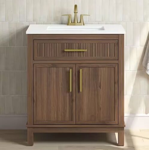 Glacier Bay Riley 30 in. Single Sink Freestanding Spiced Walnut Bath Vanity with White Engineered Stone Top