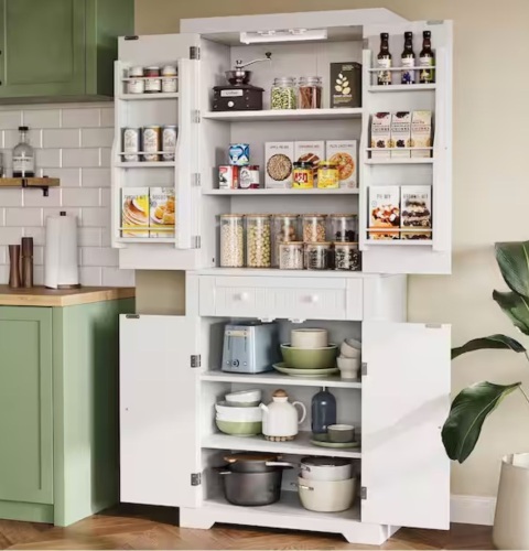 Bestier 30 in. W x 72 in. H White Manufactured Wood Kitchen Pantry Cabinet with Motion Sensor Light and 180° Swing Doors