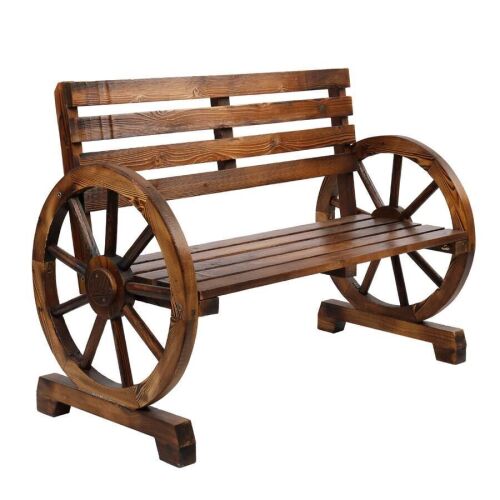 41in 2-Person Wooden Rustic Bench with Wagon Wheel Arms