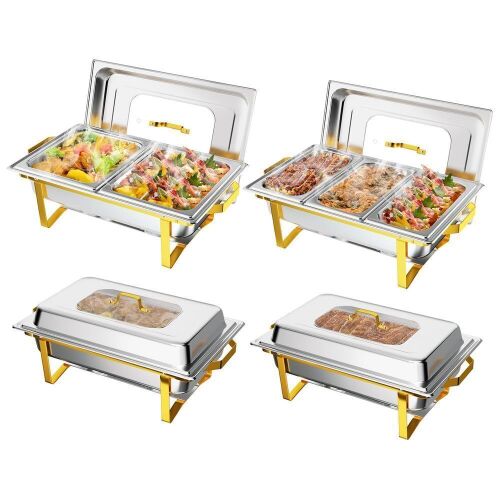 ROVSUN 9 QT Chafing Dish Buffet Set with Glass Lid & Folding Frame, 4 Pack