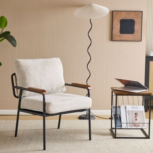 Linen Fabric Accent Chair with Rubberwood Armrests and Metal Frame, Off White