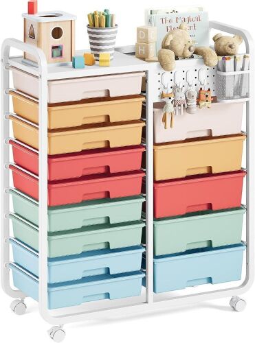 14 Drawer Rolling Storage Cart with Tabletop & DIY Pegboard