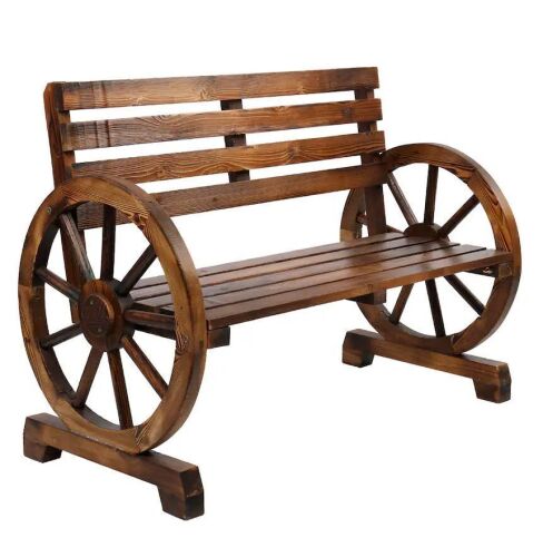 41in 2-Person Wooden Rustic Bench with Wagon Wheel Arms