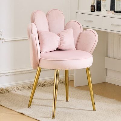 VINGLI 33-in H Petal Cute Flower Makeup Vanity Chair with Back Adustable Gold Legs and Bow Pillow Velvet Pink