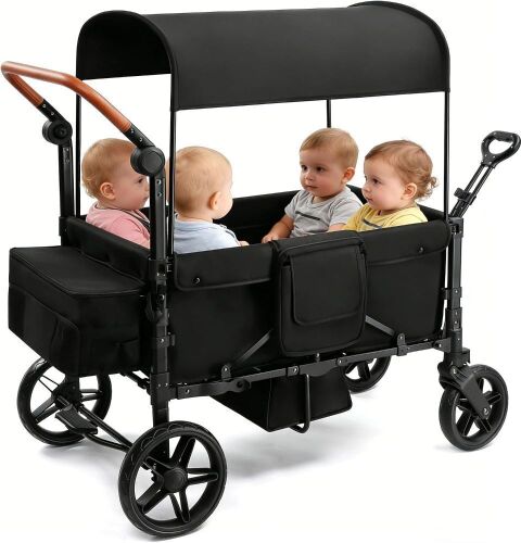 SAFETY CAREYA Foldable Stroller Wagon for 4 Kids, Adjustable Push and Pull Handles, 5-Point Harness, Adjustable Canopy