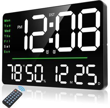 16" Digital Wall Clock with Remote Control, Adjustable Brightness & Auto Dimming, Dual Alarm Clock, DST, Stopwatch & Countdown