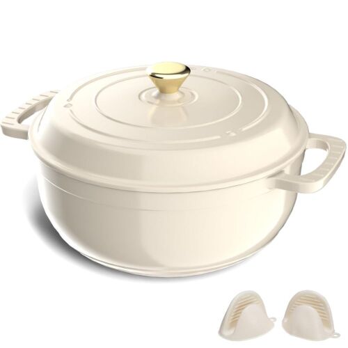 ROVSUN 7.5 QT Enameled Cast Iron Round Dutch Oven Cream White - Small Chip on Handle