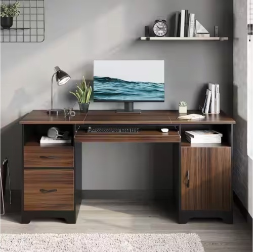 Bestier 59 in. Rectangular Cherry 2-Drawers Computer Writing Desk with Storage Cabinet and 2-Open Storage