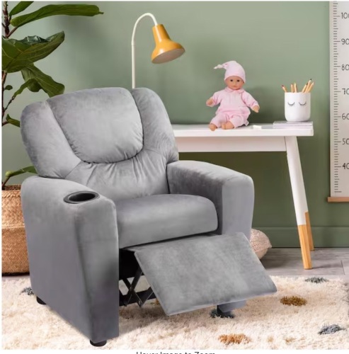 Homestock Gray/Microfiber Recline, Relax, Rule Kids' Comfort Champions, Push Back Kids Recliner Chair with Footrest & Cup Holders