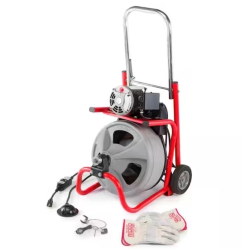 RIDGID K-400 Drain Cleaning Snake Auger 120-Volt Drum Machine with C-32IW 3/8 in. x 75 ft. Cable + 4-Piece Tool Set & Gl