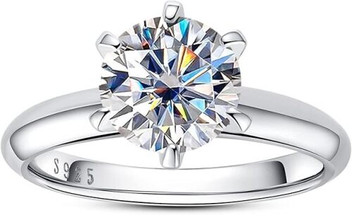 Moissanite Ring, 2CT Round Brilliant Cut Six Prong Solitaire Gold Plated 925 Sterling Silver Engagment Promise Wedding Rings for Women with Certificate