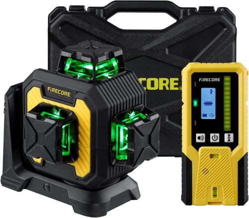 Firecore Laser Level with Receiver Kit, 1/13" High Accuracy, Laser Level 360 Self Leveling with Pulse Mode for Outdoor Up To 197ft, Rechargeable Green Line Laser for Home Renovation Construction-F93
