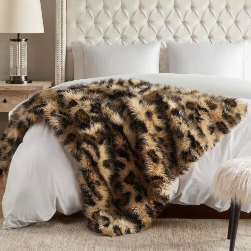 Faux Fur Throw Blanket, Luxury Fluffy Leopard Blankets for Home Couch and Bed, Fuzzy Plush Animal Coat Color Throws for Decoration, Gift for Women
