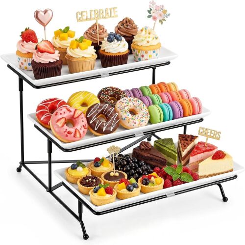 3 Tier Serving Trays for Party, Porcelain Serving Platters and Trays, 12 Inch Tiered Tray Stand, Fruit Tray, Trays for Serving Food, White Dessert Stand with Collapsible Sturdier Metal Rack