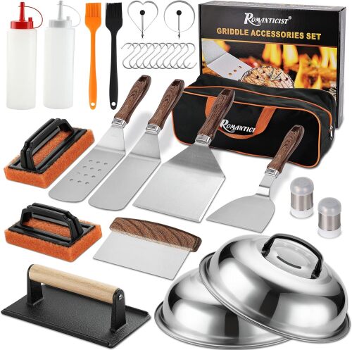 ROMANTICIST 19PCS Griddle Accessories Set - Flat Top Teppanyaki Spatula Set with Scraper, Basting Cover for Camp Chef- Home Cooking Griddle and Outdoor BBQ