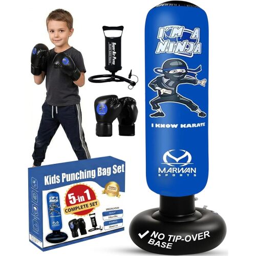 Marwan Sports Ninja Kids Punching Bag — Inflatable Sensory Toy & Birthday Gift for Boys & Girls Ages 4-12, 63" Freestanding 5-in-1 Kit, Indoor Apartment-Quiet Sensory-Friendly Active Play