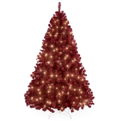 Pre-Lit Artificial Burgundy Christmas Tree w/ Incandescent Lights -7.5ft