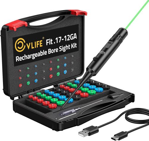 Rechargeable Bore Sight Laser Kit with 64 Adapters fit 0.17 to 12GA Calibers, Professional Red/Green Laser Bore Sight with Button Switch, Powerful Choice for Hunting Bore Sight Tool