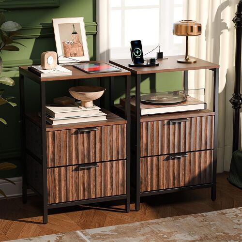 Nightstands Set of 2 with Fabric Drawers, Walnut Nightstand with Charging Station, Night Stands Fluted Bedside Tables/End Tables with Charger Station, Side Table Bedroom, Small Night Stand