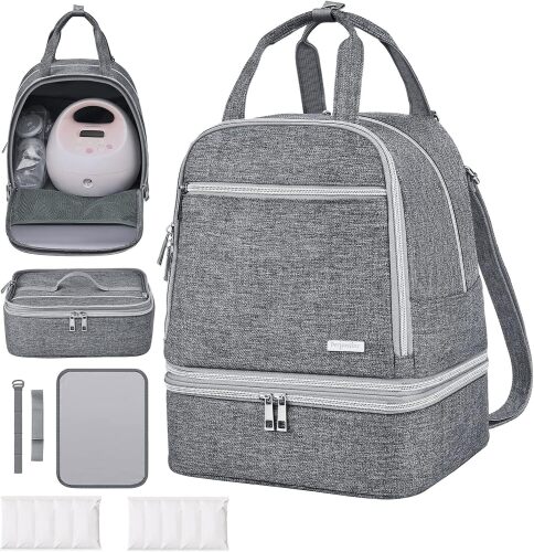 Derbiedersinn Breast Pump Bag, Compatible with Spectra Pumps, Insulated Carrying Case with Cooler for Milk Storage, Travel, Work, Daycare, Grey