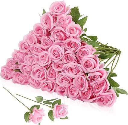 Silk Pink Roses Bouquet Bridal Artificial Flowers Mothers Day,Fake Rose Long Stem Realistic Artificial Flowers Bulk for Wedding Bouquet Ball Arrangement Centerpiece Party Decor