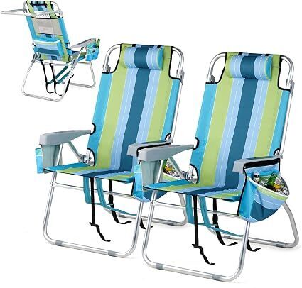VINGLI Tall Beach Chair 2 Pack Lightweight, Backpack Beach Chair for Adults with 5-Position, Cooler Bag, Cup Holders, Towel Bar, Lightweight Folding Beach Camping Chairs （Blue/Green-16