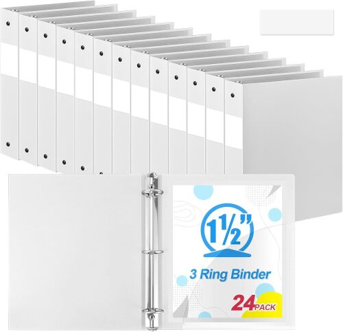 Henoyso 24 Pcs White 1.5" 3 Ring Plastic Binder Bulk, 1 1/2 Inch Soft Flexible Binders Round Rings, Fits Letter Size 8.5'' x 11'' Paper, Holds 350 Sheets, for School Office