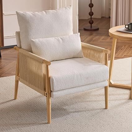 Karl home Cozy Accent Chair Braid Arms, Beige | Chenille Upholstered, Lumbar Pillow Included, Wood Rattan Arms, Modern Style, for Living Room, Bedroom, Reading Corner, Study