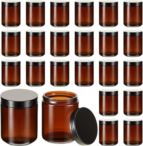 Lallisa 32 Pieces 8 oz Amber Round Glass Jars Empty Leakproof Candle Making Jars Amber Containers with Lids Dishwasher Safe Refillable Containers for Cosmetic Face Creams Body Butter Lotions Storage