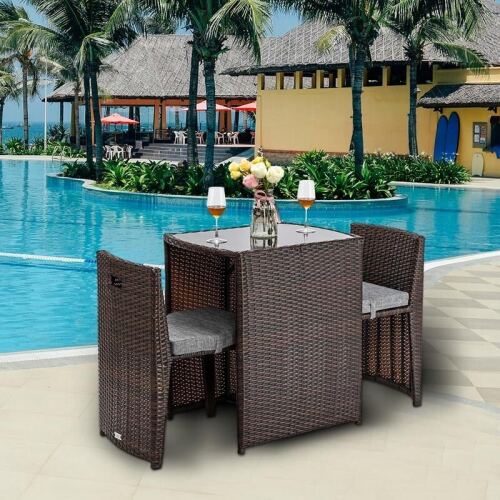 3PCS Rattan Wicker Bistro Set with Glass Top Table 2 Chairs Space Saving Design