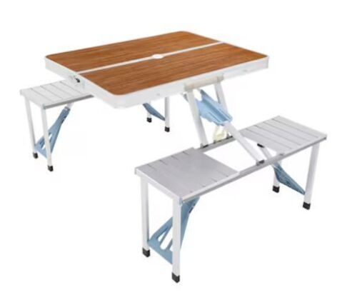 VINGLI 4 Ft Camping Picnic Table Set with 4 Seats and Umbrella Hole/Folding Lightweight Suitcase Card Table with 220 Lbs Support Natural