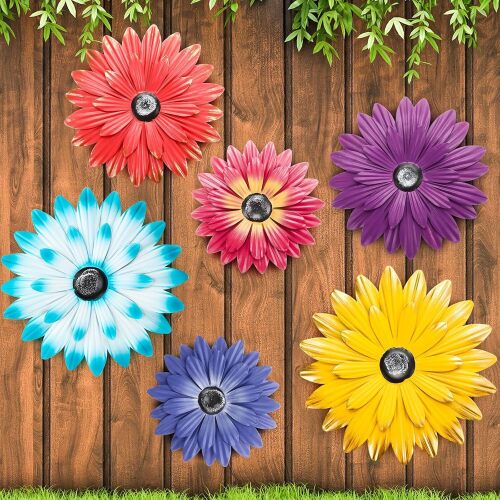 Set of 2 - 6 Pcs Metal Flower Wall Art Decor 5/8/10 Inch Sunflower Wall Decorations Hanging Outdoor Art Multicolored Handmade Metal Flowers Outdoor Decor