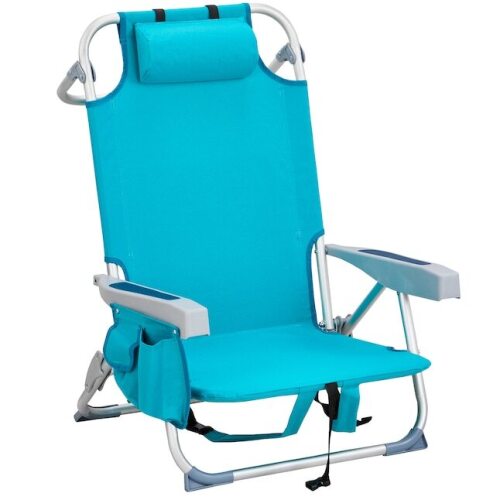 32H Portable Aluminum Backpack Beach Chair for Adults with Headrest and Side Pocket/Lay Flat Beach Chair with 5 Positions for Outdoor Lawn