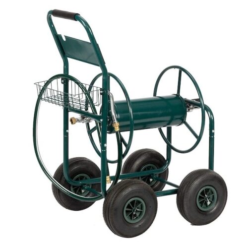 VINGLI 300FT 4-Wheel Garden Hose Reel Cart with Storage Basket/Portable Residential Hose Reel Cart Green