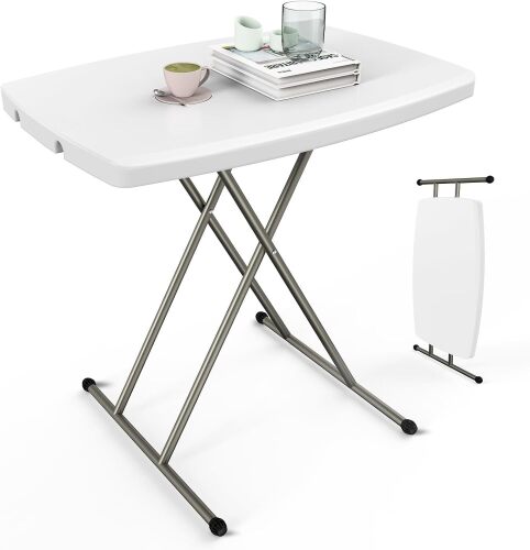 VINGLI Small Adjustable Folding Table, 13.8 in-28 in Height Personal Laptop TV Tray, HDPE Plastic Top with Steel Frame, 30 Inch, White