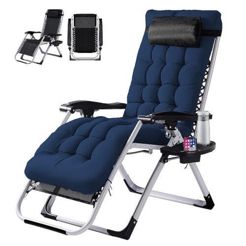 VINGLI 26-in Blue Lounge Chair with Removable Cushion and Tray Folding Reclining Patio Chairs