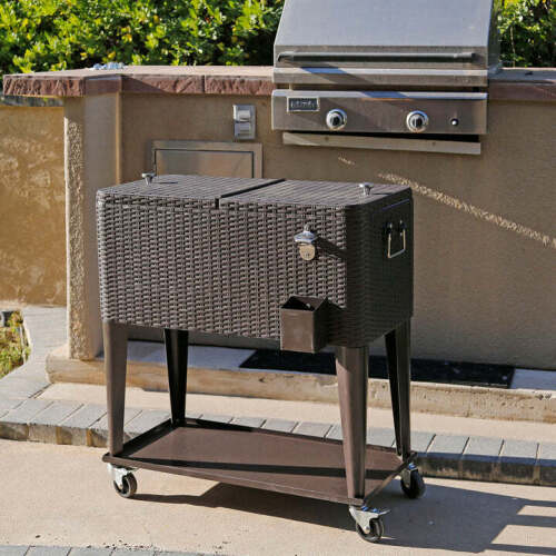 80 Quart Qt Rolling Cooler Ice Chest Beverage Cart, Dark Brown Wicker Faux Rattan Ice Tub Trolley