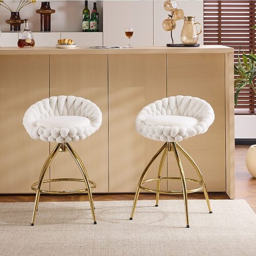 Winado 2 Piece Set of White Swivel Bar Stools with Teddy Fleece and Electro Plated Gold Iron Legs