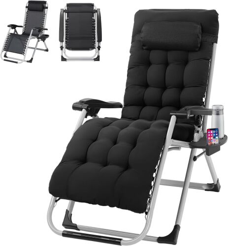 VINGLI Padded Zero Gravity Chair, Lounge Chair with Removable Cushion & Tray， Folding Reclining Patio Chairs， Recliner Chair for Lawn，Indoor Outdoor