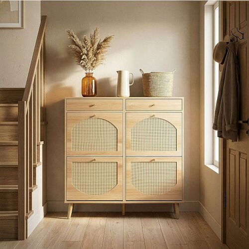 FcH Rattan Panel 2 Drawers 4 Flip Drawer Shoe Cabinet Particleboard 41.34 W