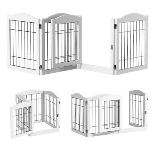 4 Panel 24-H Freestanding Dog Gate with Door/Foldable Dog Safety Fence for Stairs Doorways Fireplace Up to 82-in Wide