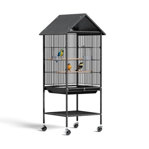 50-in Bird Cage with Rolling Stand and Spire Roof/Black Bird Cages for Parakeets Lovebird Cockatiels Budgies and Other Small Birds