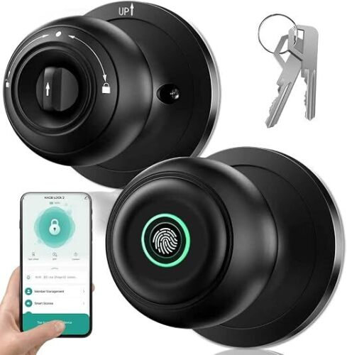 Fingerprint Door Lock, Smart Fingerprint Door Knob with Lock, Biometric Door Locks with App Control & Key, Keyless Thumbprint Entry Door Locks for Bedroom, Front Door, Home, Apartment-Stain Black