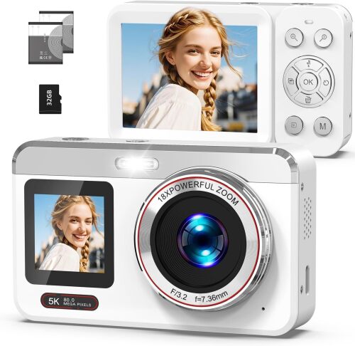 5K Digital Camera, 80MP Dual Screen Autofocus Vlogging Camera, 18X Zoom Point and Shoot Camera for Photography, Flash, 32GB Card, 2 Batteries, Compact Camera for Teens Adults