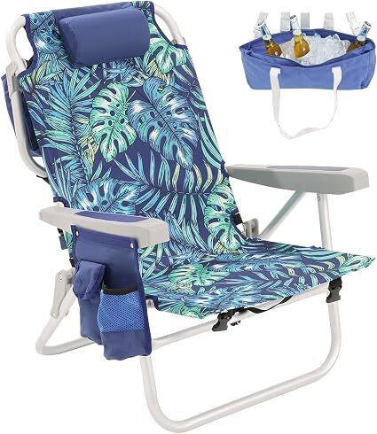 SUNNYFEEL Low Beach Chair 5 Position Lay Flat, Portable Folding Backpack Beach Chairs Heavy Duty with Cooler Bag, Cup Holder for Outdoor/Lawn/Picnic/Fishing, Foldable Camping Chair