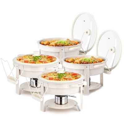 5 QT Round White Chafing Dish Buffet Set with Lid Holder, 4 Pack