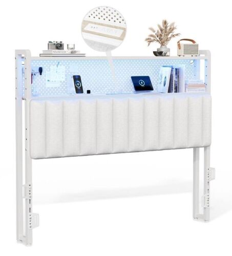 Full Size Adjustable Upholstered Headboard with 2 Tier Shelves , Pegboard, Charging Stations and LED Lights