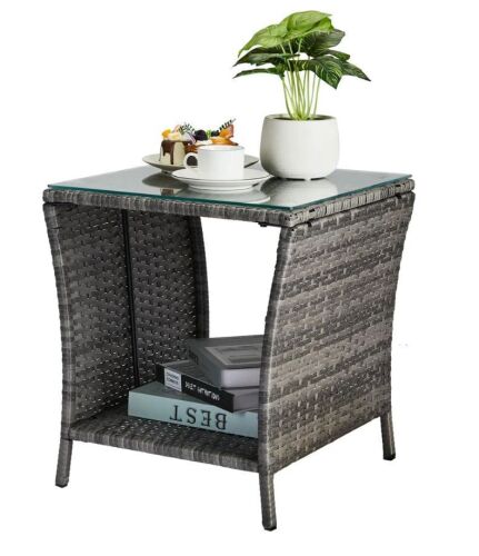 Outdoor Wicker Side Table with Storage Grey
