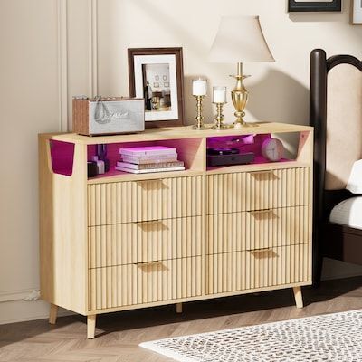VINGLI 47W Fluted White Dresser with 6 Drawers and Led Modern TV Stand Oak